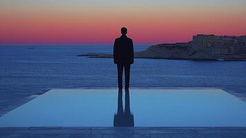 A man standing in front of a pool photo