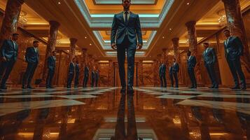 A man in a suit stands in a hallway with other men photo