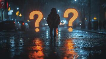 A person walking in the rain with question marks on the ground photo