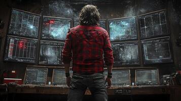 A man in a red shirt stands in front of a computer screen photo