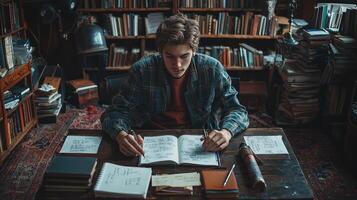 A man sitting at a desk in front of a bookcase photo