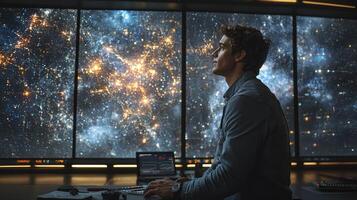 A man sitting in front of a large screen with a galaxy in the background photo