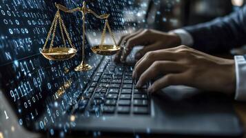 The justice scale on the laptop screen photo