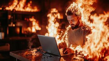 A man sitting at a table with a laptop on fire photo