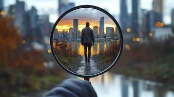 A magnifying mirror with a man walking in front of it photo