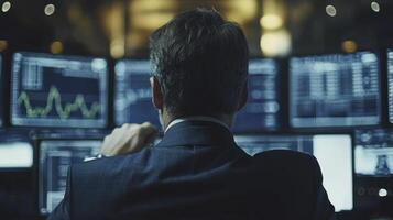 A man in a suit is looking at multiple screens photo