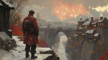 A man in red coat looking at fireworks over a city photo