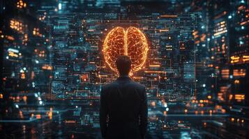 A man standing in front of a glowing brain photo
