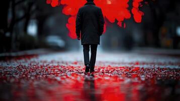 Man walking in the rain with red lights photo