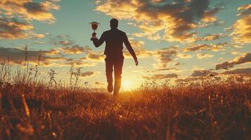 A man is walking in a field holding a cup photo