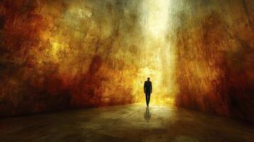 A man standing in a dark tunnel with light coming from the end photo