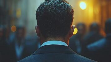 A man in a suit and tie is looking at the crowd photo