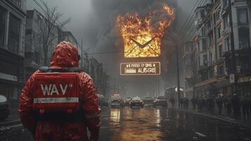 A man in a red rain suit standing in front of a burning building photo