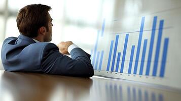 A man in a suit is looking at a chart on a board photo