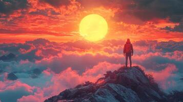 A man standing on top of a mountain looking at the sun photo