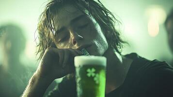 A man drinking a beer while sitting in a bar photo