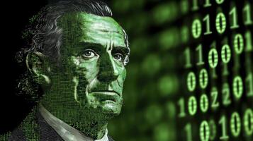 A man in a suit and tie is looking at binary code photo
