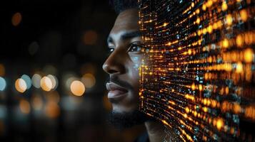 A man with a face made up of digital data photo