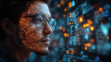 A man with glasses and a face with a digital face photo