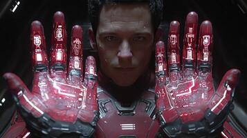 The man in the red suit is holding up his hands photo