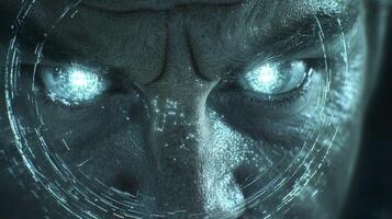 The face of a man with glowing eyes photo