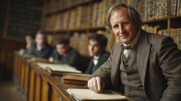 A man sitting at a desk in a library with other people photo