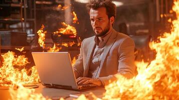 A man in a suit sitting in front of a laptop on fire photo