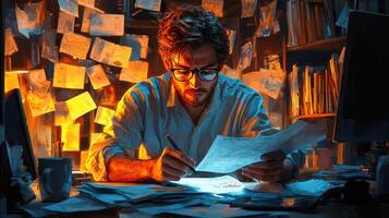 A man in glasses is sitting at a desk with papers and a pen photo