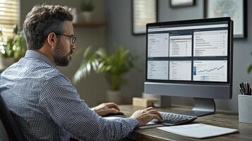 A man sitting at a desk with a computer screen showing graphs photo