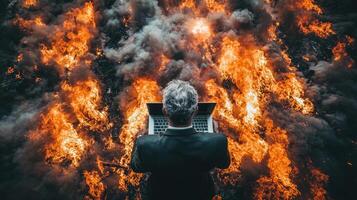 Businessman in suit standing in front of fire photo