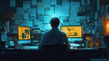 A man sitting at a desk with two computer screens photo