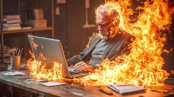 A man in a suit is sitting at a desk with flames coming out of his laptop photo