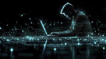 A person sitting on a laptop computer with glowing lines photo