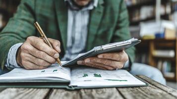 Man writing in notebook in library photo