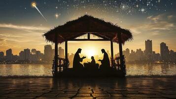 The nativity scene in silhouette with the city in the background photo