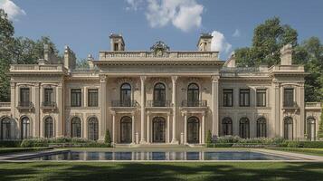 A large mansion with a pool in the middle of the yard photo