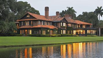 A large house with a pond in front of it photo