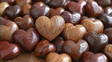 Many different types of wood hearts on a wooden surface photo