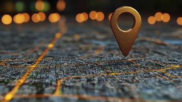 Map pin on a city map with lights in background photo