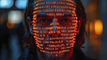 A man with a face covered in binary code photo