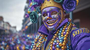 A man in purple and blue costume with beads and a mask photo