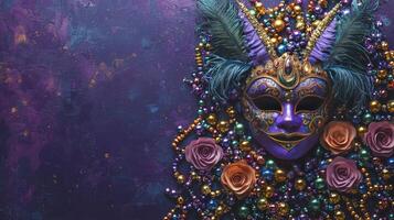 A purple mask with colorful beads and feathers photo