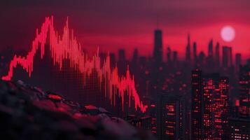 A red and orange graph is shown in front of a city photo