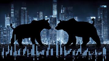 Two bears are standing in front of a city skyline photo