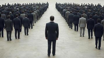 A man in a suit stands in front of a large crowd photo