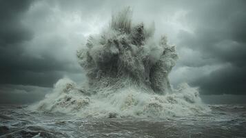 A large wave crashing into the ocean under a cloudy sky photo