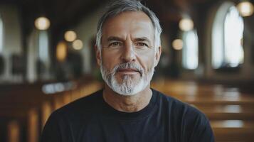 A man with a beard and a black shirt in a church photo