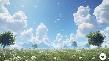 A field with trees and clouds in the sky photo