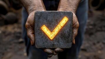 A person holding a black block with a check mark on it photo