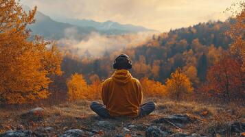 A person sitting in the middle of a field with autumn trees in the background photo